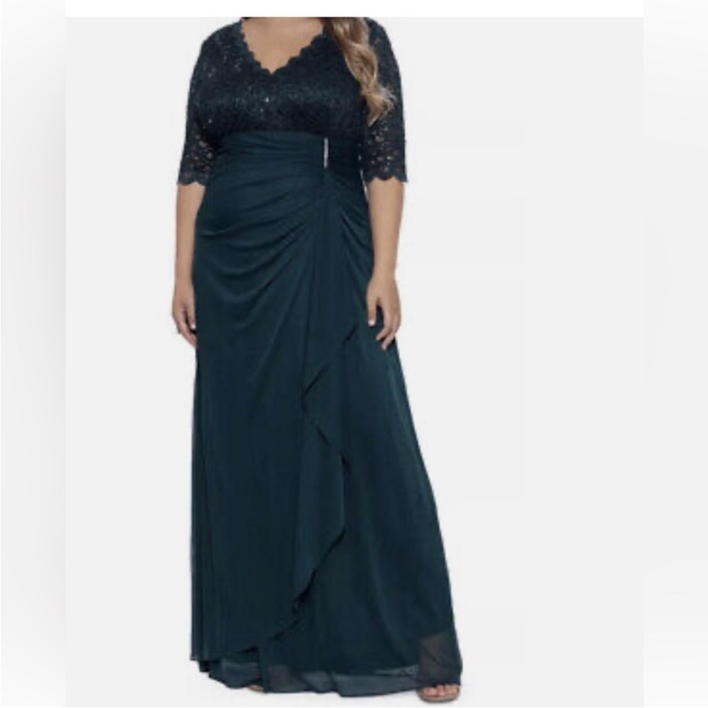 Betsy & Adam Teal Lace Bodice Long Sleeve Evening Gown